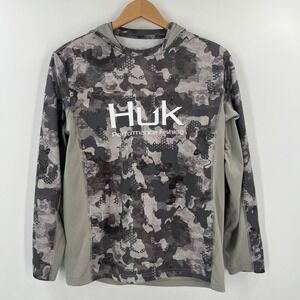 Huk Men's Size Small Gray Camo Hooded Long Sleeve Fishing Shirt Performance S